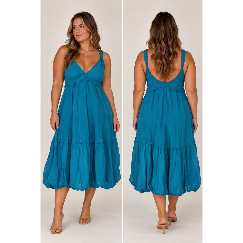 Y2K Babydoll Bubble Hem Silk Midi Dress Teal Blue V-Neck Ruffle Tiered Size 1e